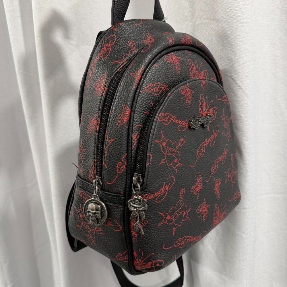 red and black ed hardy backpack with red butterfly and heart details - Picture 3 of 8